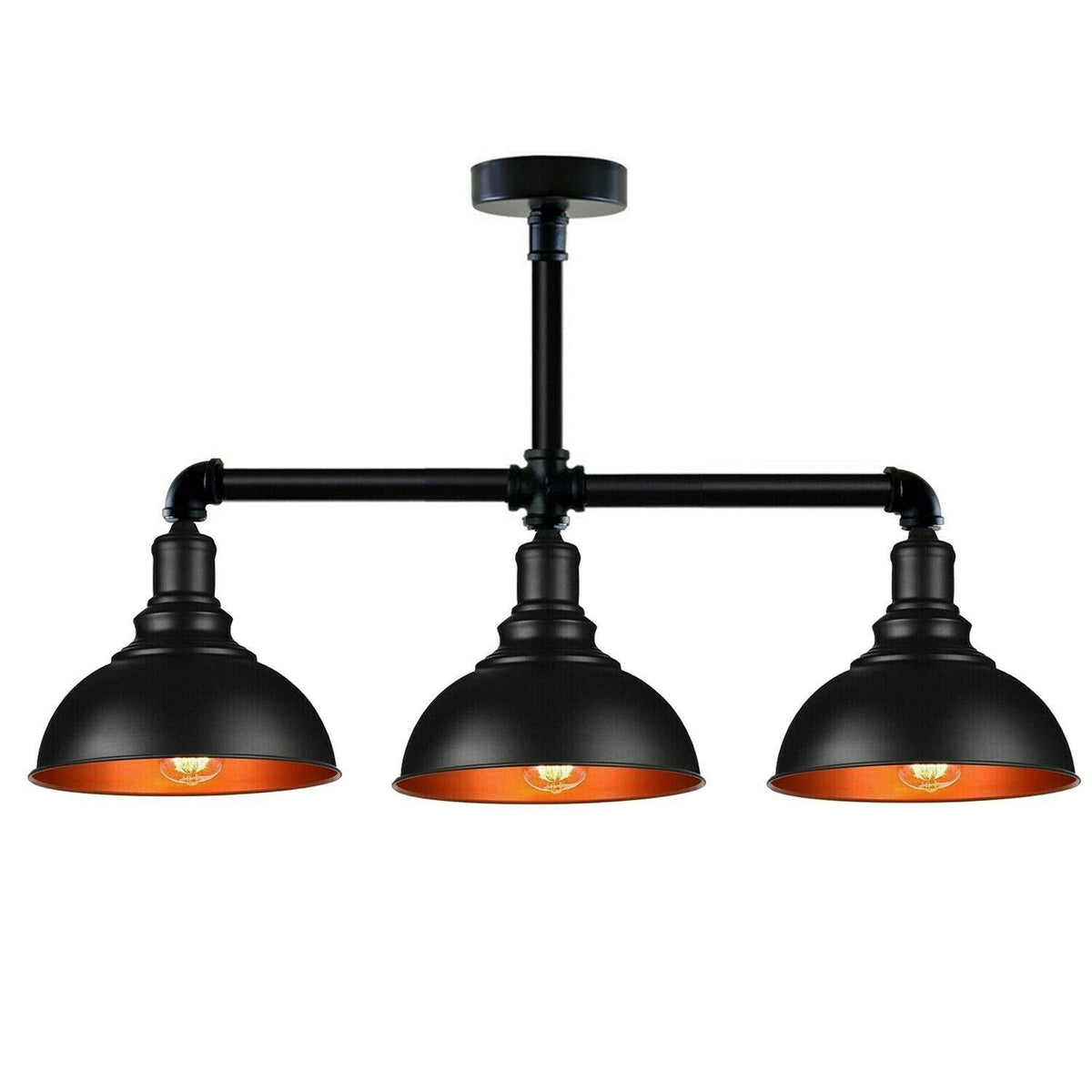 3-Light Industrial Pipe Ceiling Light – Shades or Cages, E27 - Black, Curvy 21 cm Black & Gold, ST64 Bulb