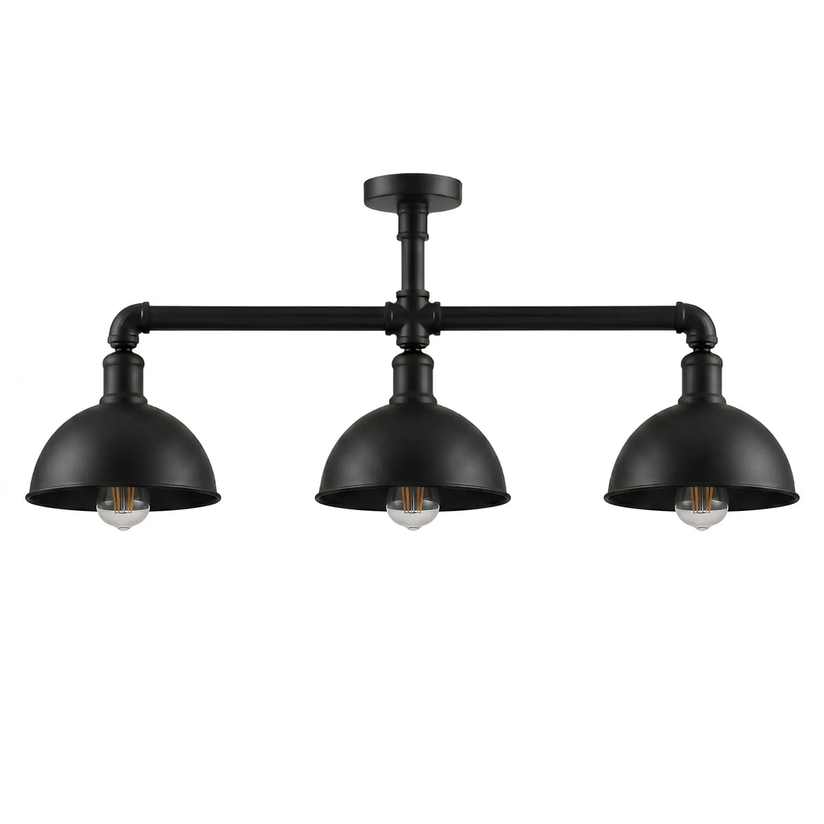 3-Light Industrial Pipe Ceiling Light – Shades or Cages, E27 - Black, Dome 21 cm Black, Without Bulb