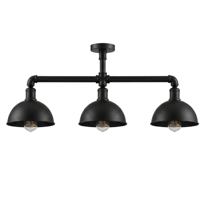 3-Light Industrial Pipe Ceiling Light – Shades or Cages, E27 - Black, Dome 21 cm Black, Without Bulb