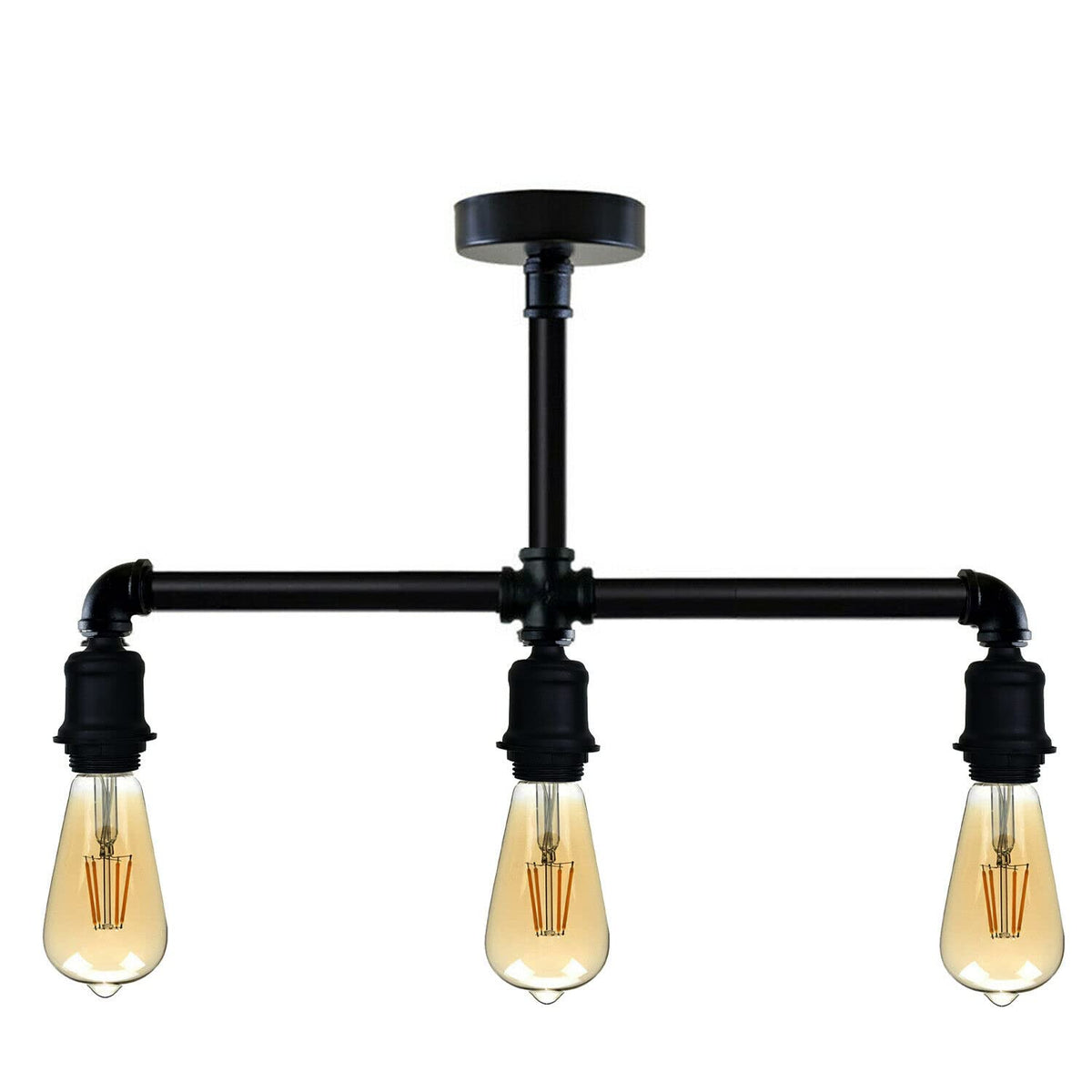 3-Light Industrial Pipe Ceiling Light – Shades or Cages, E27 - Black, No Shade, ST64 Bulb