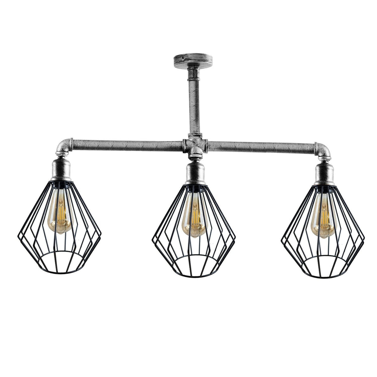 3-Light Industrial Pipe Ceiling Light – Shades or Cages, E27 - Brushed Silver, Diamond Cage Black, ST64 Bulb