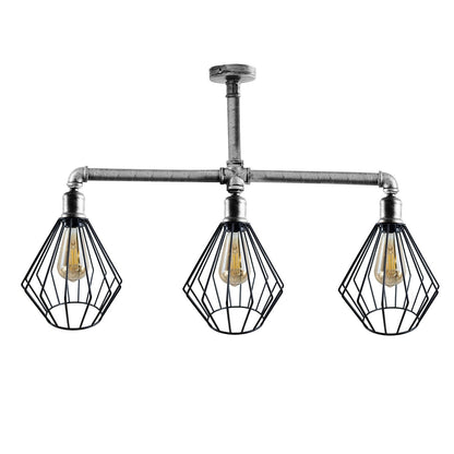 3-Light Industrial Pipe Ceiling Light – Shades or Cages, E27 - Brushed Silver, Diamond Cage Black, ST64 Bulb