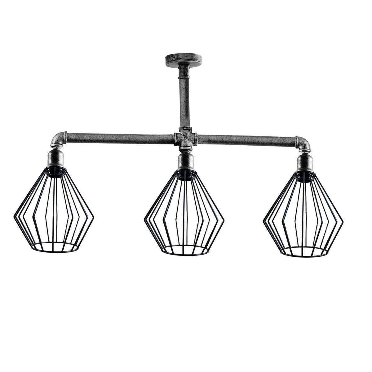 3-Light Industrial Pipe Ceiling Light – Shades or Cages, E27 - Brushed Silver, Diamond Cage Black, Without Bulb