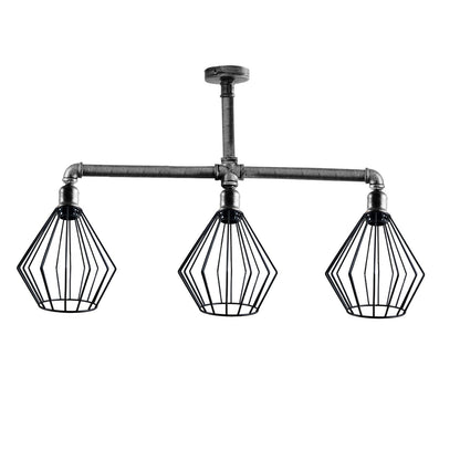 3-Light Industrial Pipe Ceiling Light – Shades or Cages, E27 - Brushed Silver, Diamond Cage Black, Without Bulb