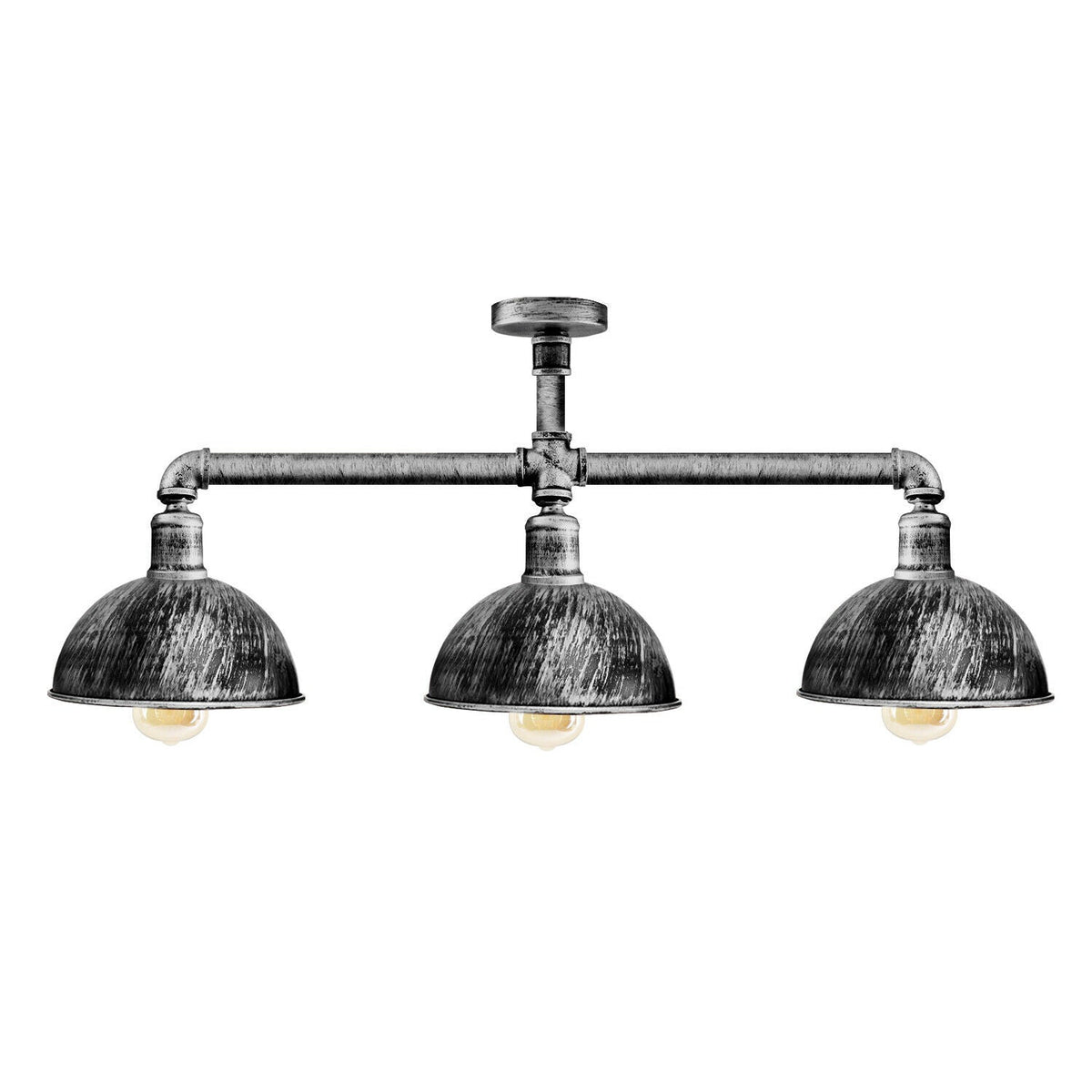 3-Light Industrial Pipe Ceiling Light – Shades or Cages, E27 - Brushed Silver, Dome 21 cm Brushed Silver, ST64 Bulb