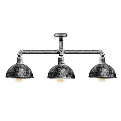 3-Light Industrial Pipe Ceiling Light – Shades or Cages, E27 - Brushed Silver, Dome 21 cm Brushed Silver, ST64 Bulb