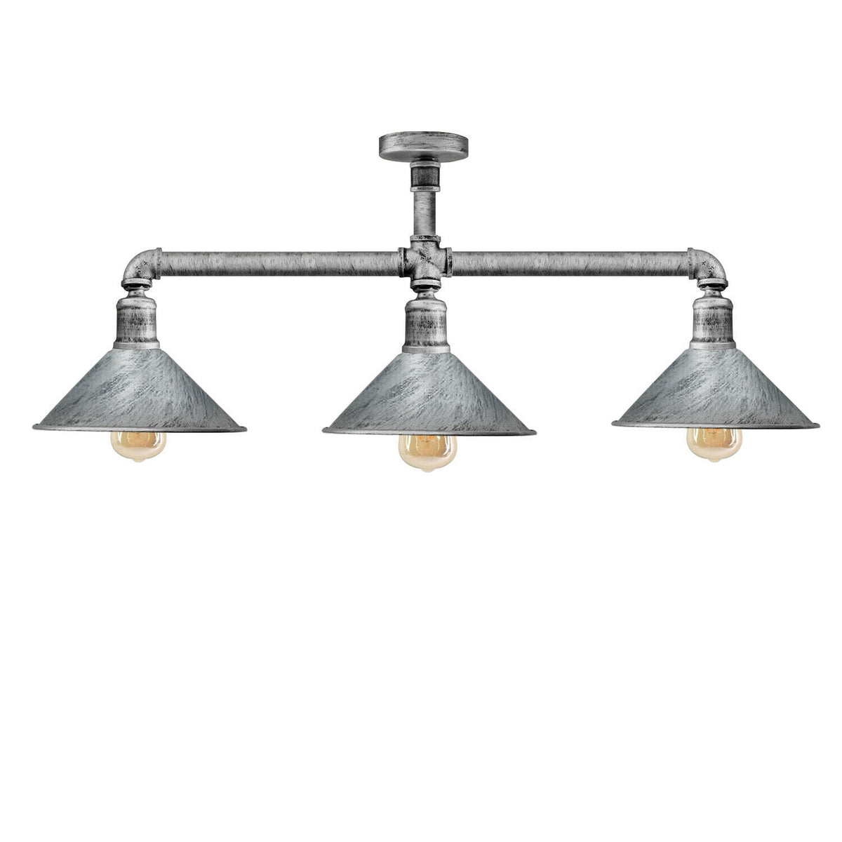 3-Light Industrial Pipe Ceiling Light – Shades or Cages, E27 - Brushed Silver, Flat Cone 22 cm Brushed Silver, ST64 Bulb