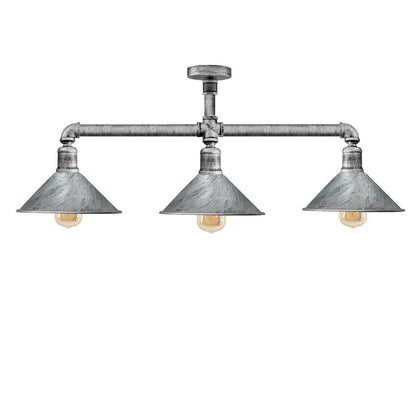 3-Light Industrial Pipe Ceiling Light – Shades or Cages, E27 - Brushed Silver, Flat Cone 22 cm Brushed Silver, ST64 Bulb