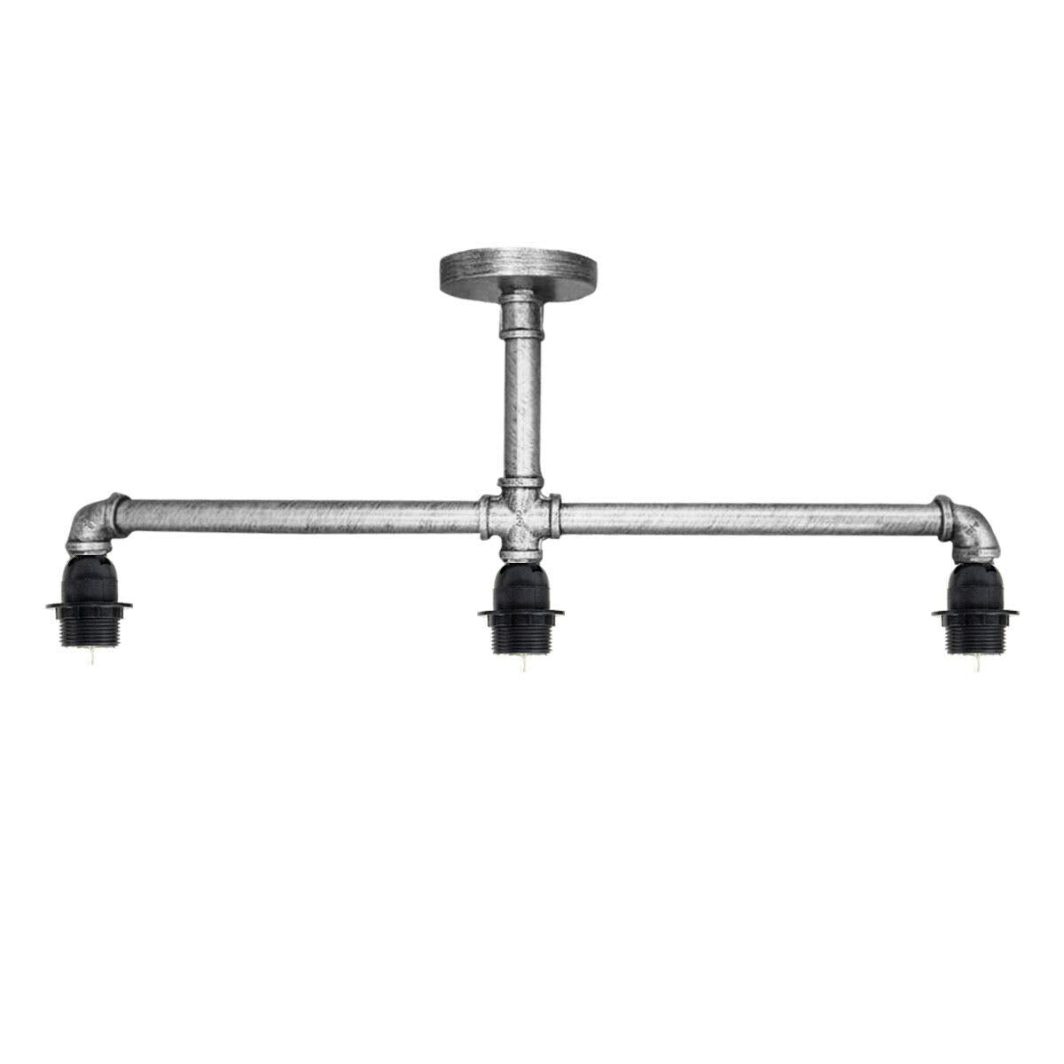 3-Light Industrial Pipe Ceiling Light – Shades or Cages, E27 - Brushed Silver, No Shade, Without Bulb
