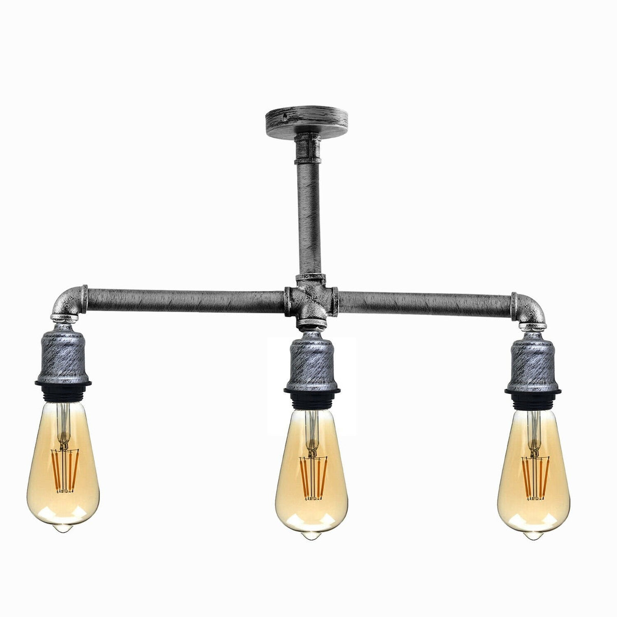 3-Light Industrial Pipe Ceiling Light – Shades or Cages, E27 - Brushed Silver, No Shade, ST64 Bulb
