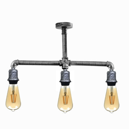 3-Light Industrial Pipe Ceiling Light – Shades or Cages, E27 - Brushed Silver, No Shade, ST64 Bulb
