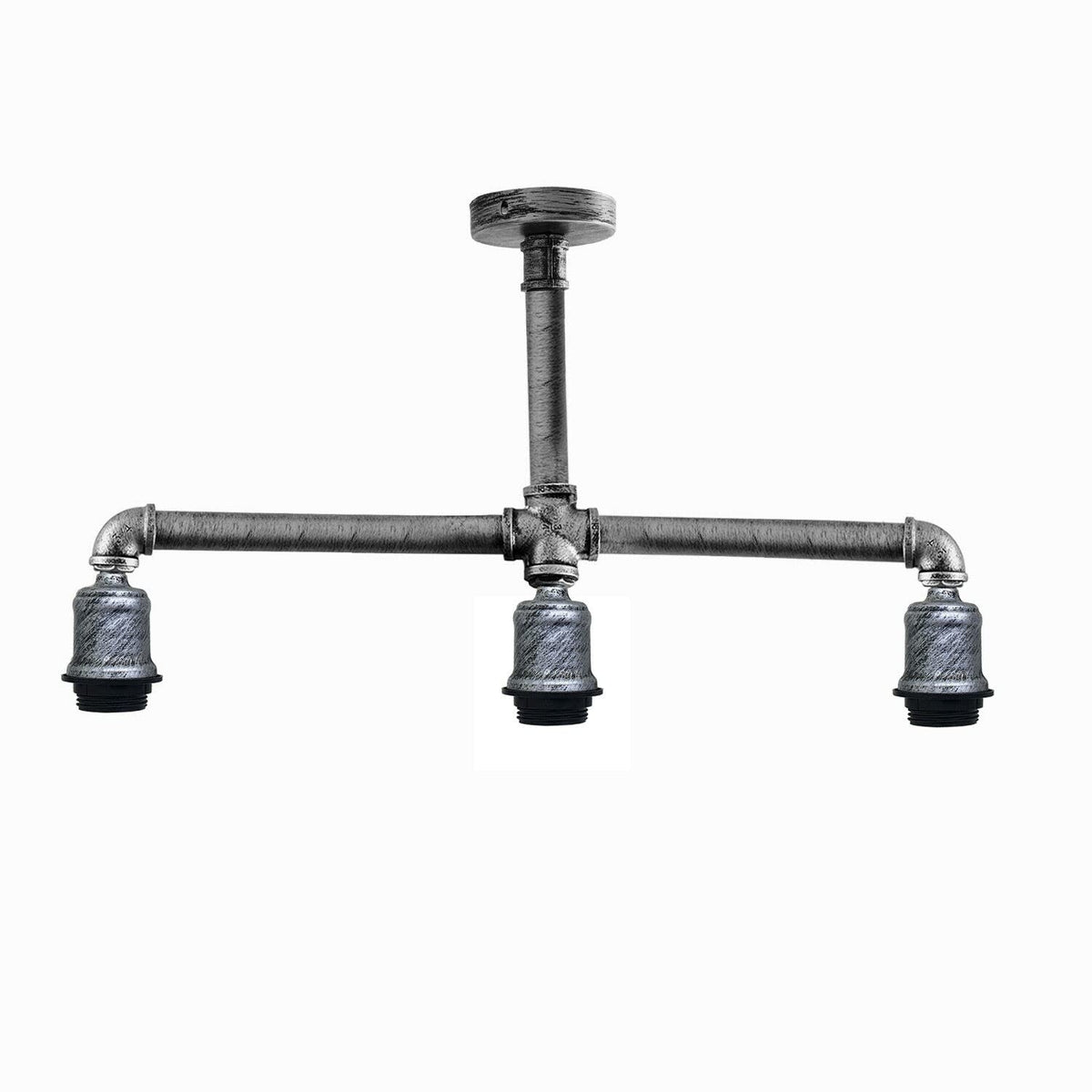 3-Light Industrial Pipe Ceiling Light – Shades or Cages, E27 - Brushed Silver, No Shade, Holder Only, Without Bulb