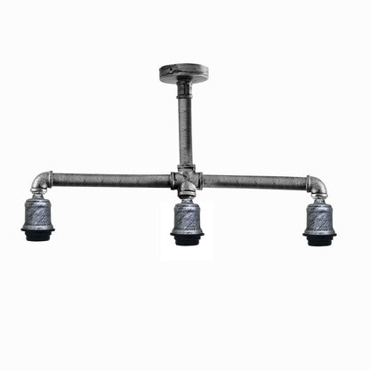 3-Light Industrial Pipe Ceiling Light – Shades or Cages, E27 - Brushed Silver, No Shade, Holder Only, Without Bulb
