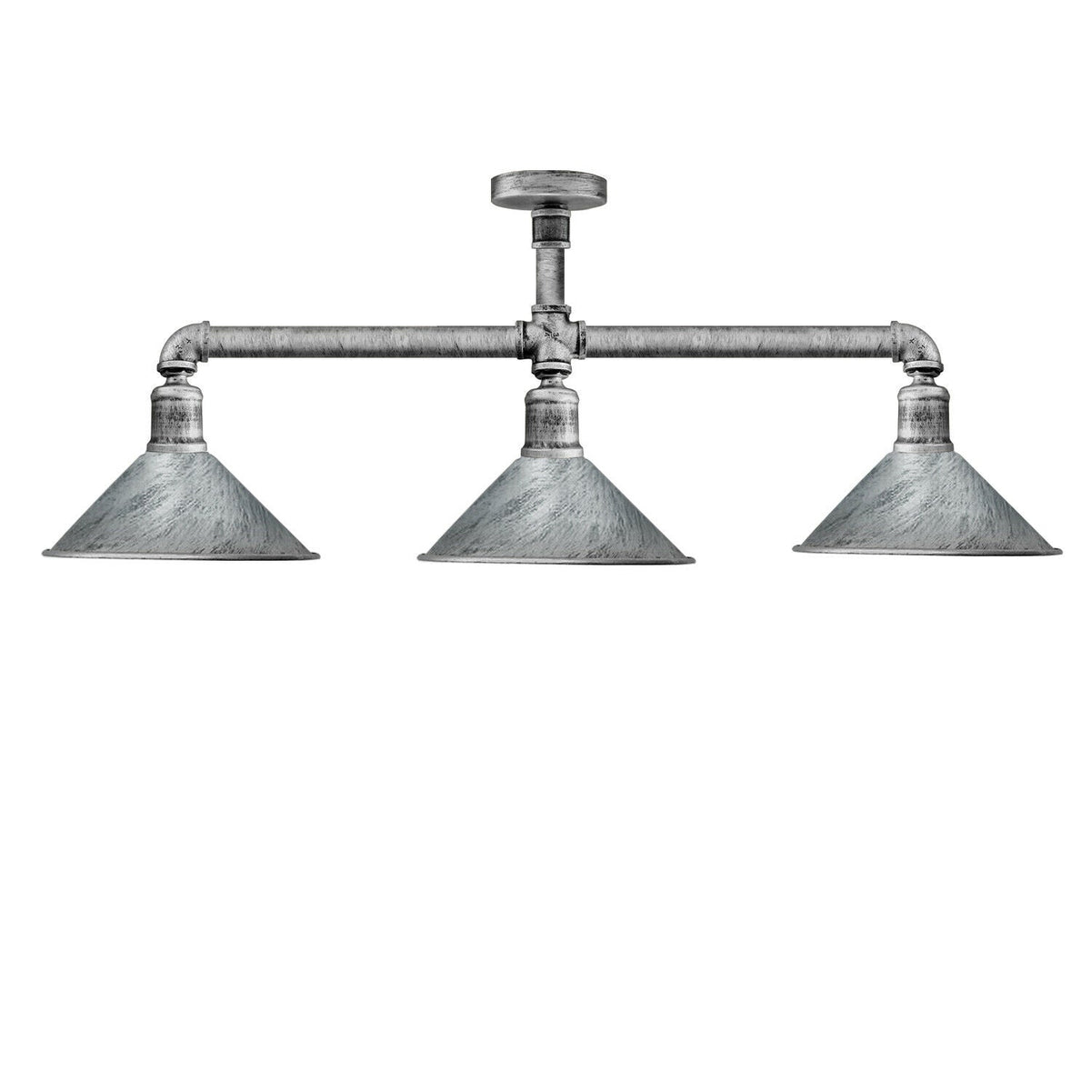 3-Light Industrial Pipe Ceiling Light – Shades or Cages, E27 - Brushed Silver, Small Cone 18 cm Brushed Silver, Without Bulb