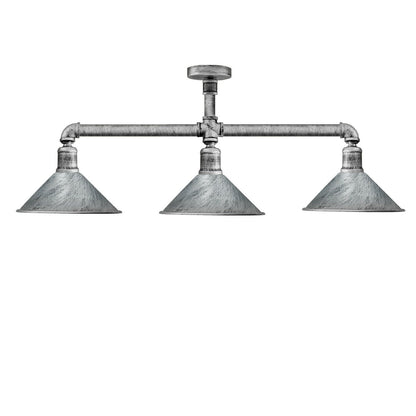 3-Light Industrial Pipe Ceiling Light – Shades or Cages, E27 - Brushed Silver, Small Cone 18 cm Brushed Silver, Without Bulb