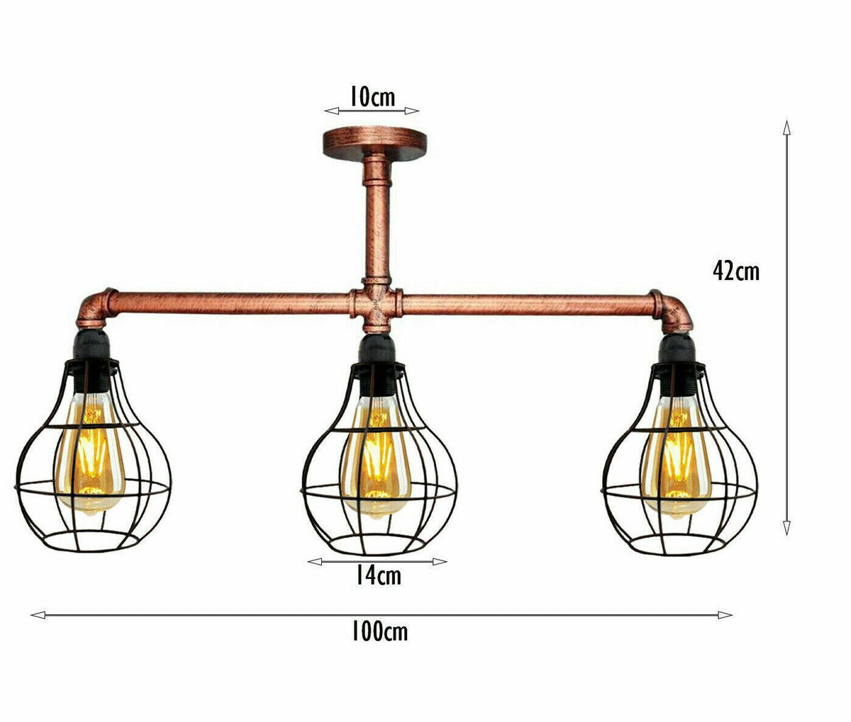 3-Light Industrial Pipe Ceiling Light – Shades or Cages, E27 - Rustic Red, Balloon Cage Rustic Red, Holder Only, Without Bulb