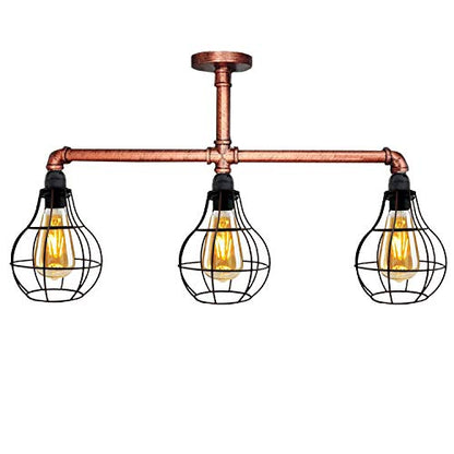 3-Light Industrial Pipe Ceiling Light – Shades or Cages, E27 - Rustic Red, Balloon Cage Rustic Red, Without Bulb