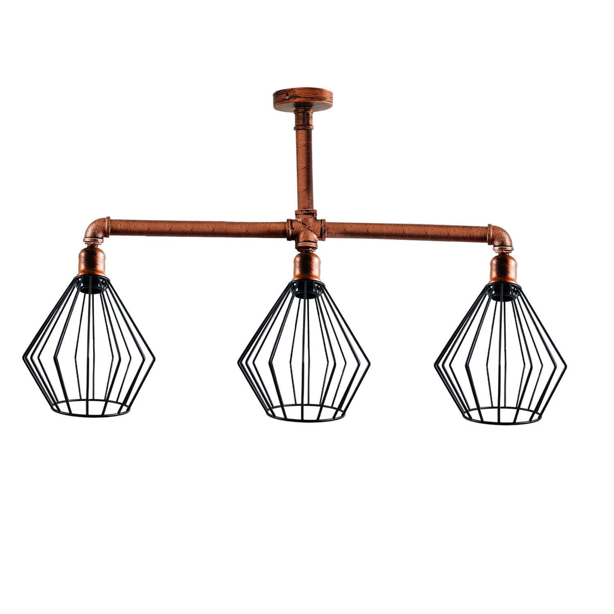 3-Light Industrial Pipe Ceiling Light – Shades or Cages, E27 - Rustic Red, Diamond Cage Black, Black Shade WD, Without Bulb