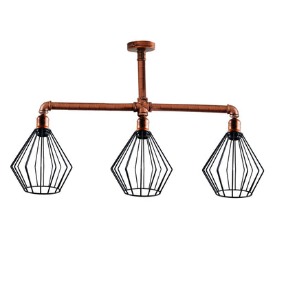 3-Light Industrial Pipe Ceiling Light – Shades or Cages, E27 - Rustic Red, Diamond Cage Black, Black Shade WD, Without Bulb