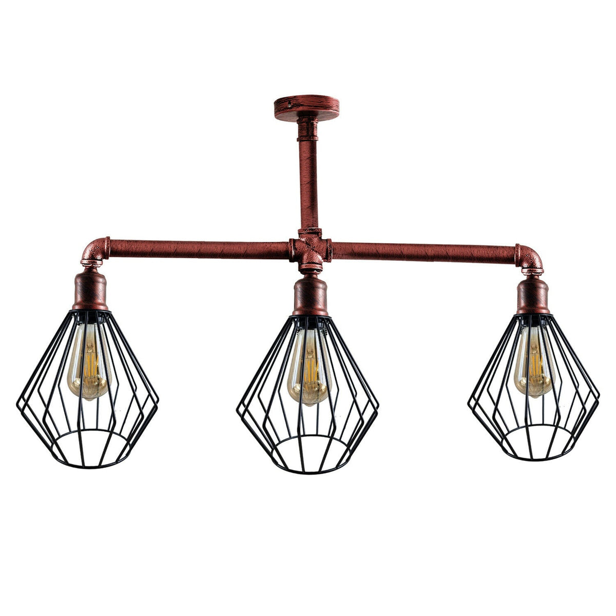 3-Light Industrial Pipe Ceiling Light – Shades or Cages, E27 - Rustic Red, Diamond Cage Black, Black Shade WD, ST64 Bulb
