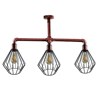 3-Light Industrial Pipe Ceiling Light – Shades or Cages, E27 - Rustic Red, Diamond Cage Black, Black Shade WD, ST64 Bulb
