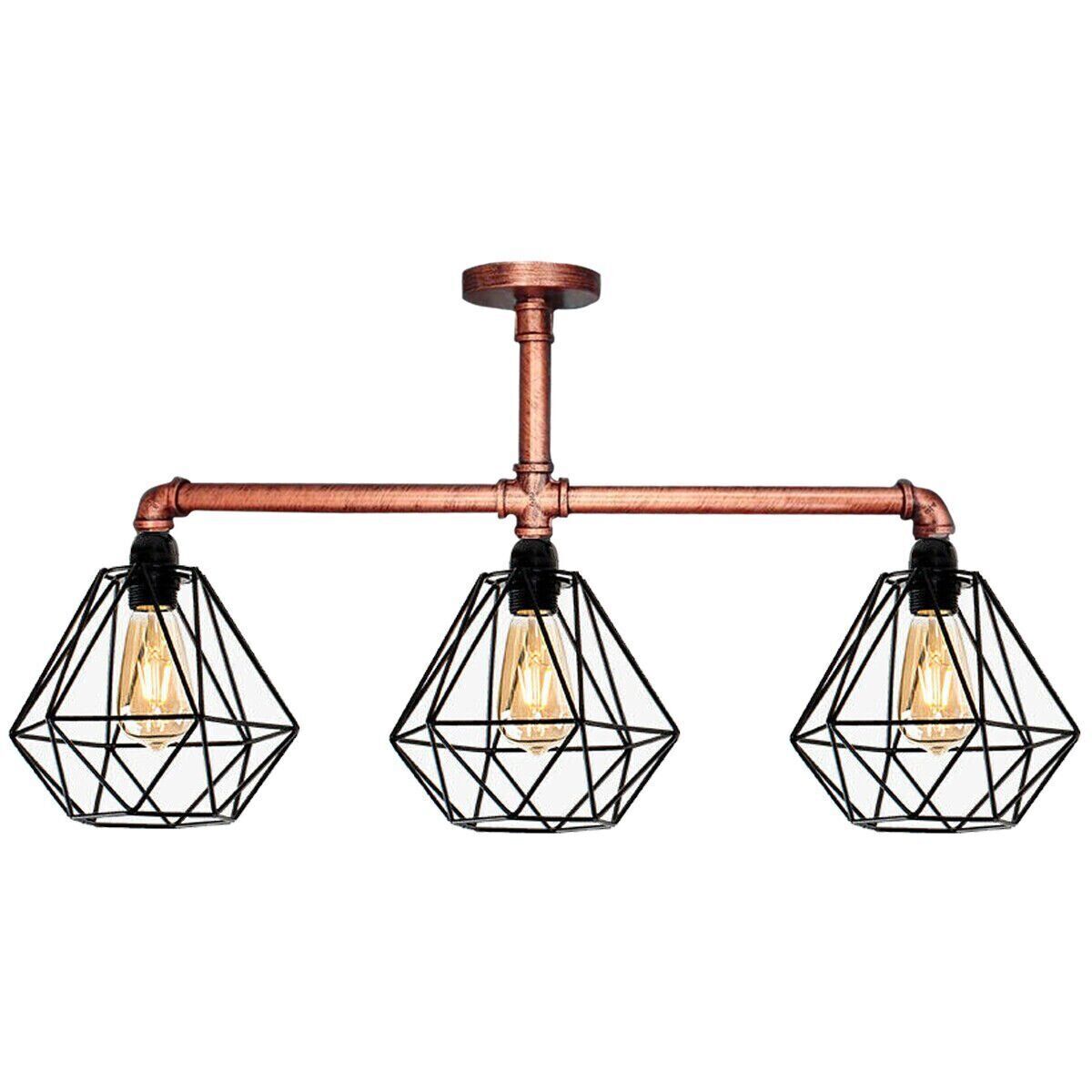 3-Light Industrial Pipe Ceiling Light – Shades or Cages, E27 - Rustic Red, Diamond Cage Black, Black Shade DT, ST64 Bulb