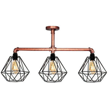 3-Light Industrial Pipe Ceiling Light – Shades or Cages, E27 - Rustic Red, Diamond Cage Black, Black Shade DT, ST64 Bulb