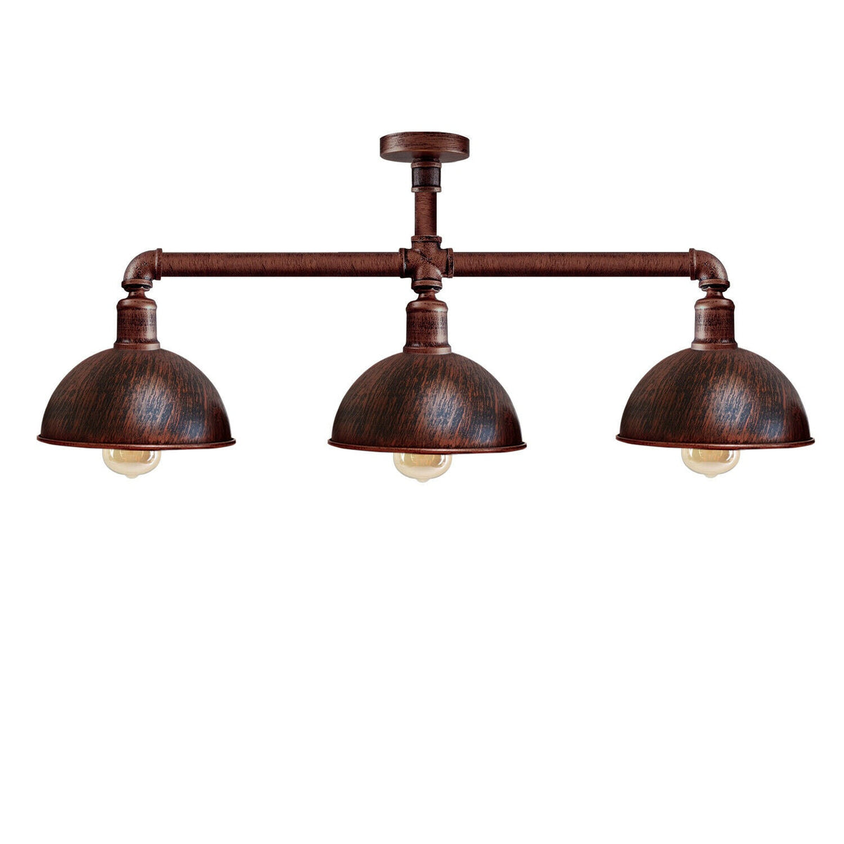3-Light Industrial Pipe Ceiling Light – Shades or Cages, E27 - Rustic Red, Dome 21 cm Rustic Red, ST64 Bulb
