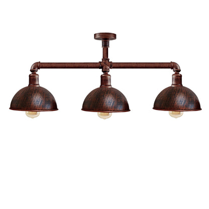 3-Light Industrial Pipe Ceiling Light – Shades or Cages, E27 - Rustic Red, Dome 21 cm Rustic Red, ST64 Bulb