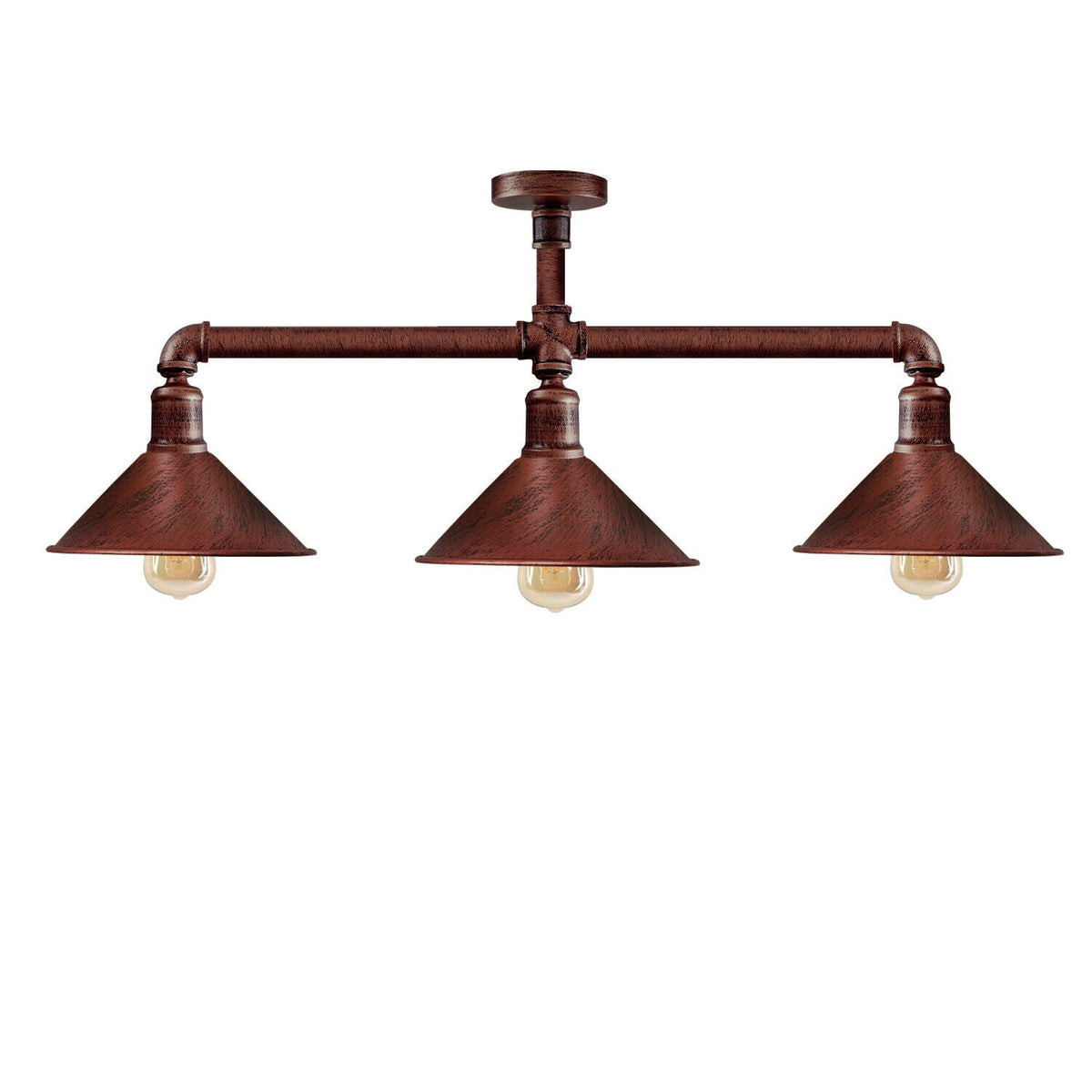 3-Light Industrial Pipe Ceiling Light – Shades or Cages, E27 - Rustic Red, Flat Cone 22 cm Rustic Red, ST64 Bulb