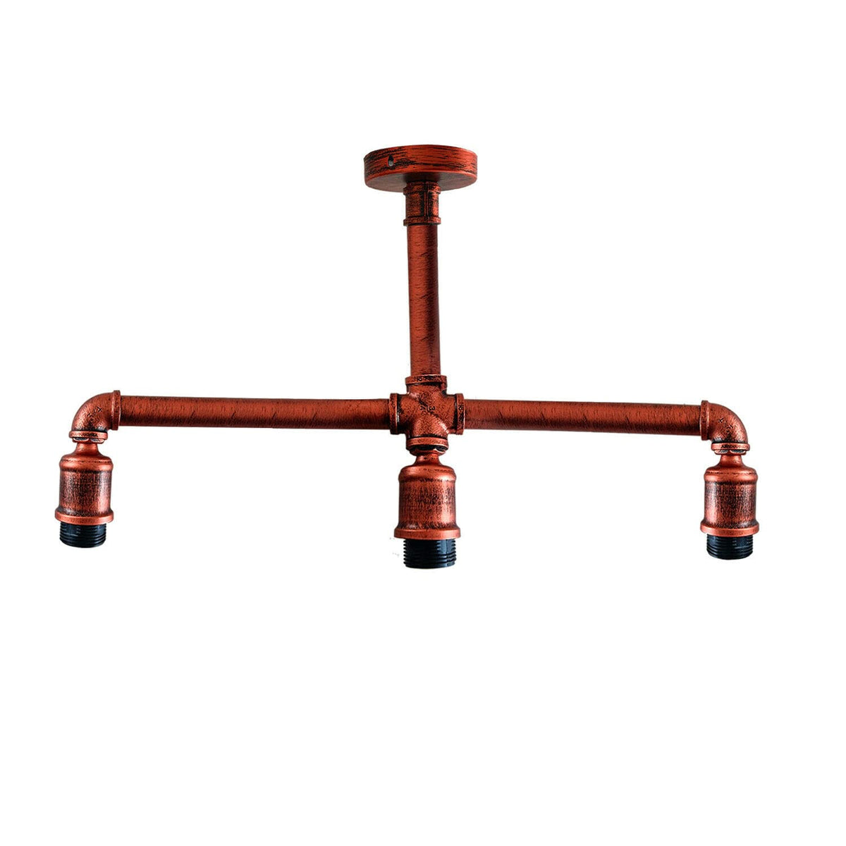 3-Light Industrial Pipe Ceiling Light – Shades or Cages, E27 - Rustic Red, No Shade, Holder Only, Without Bulb