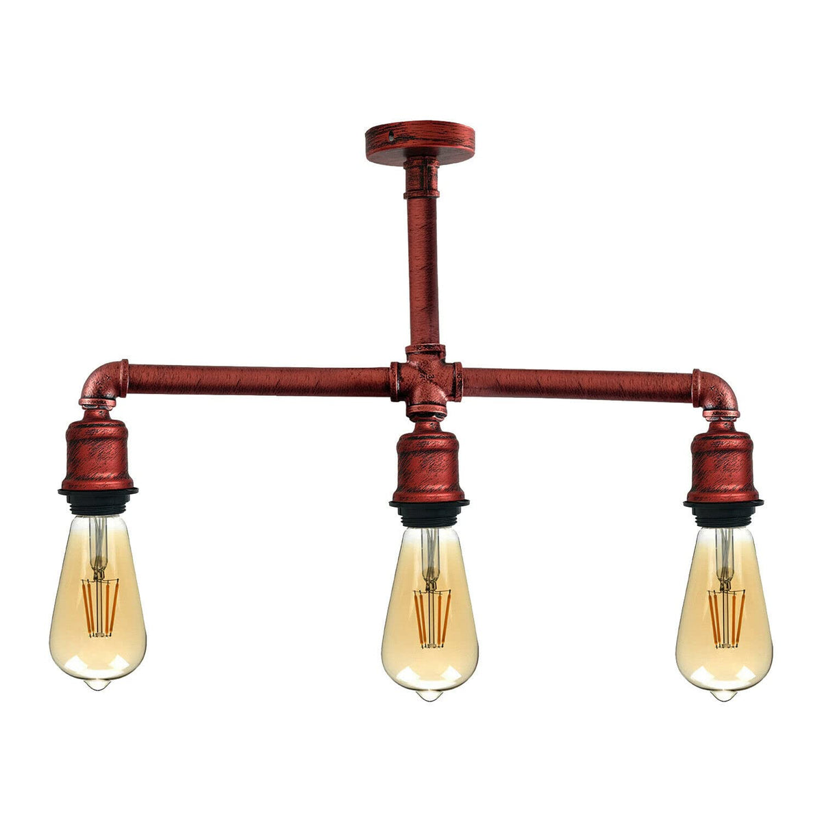 3-Light Industrial Pipe Ceiling Light – Shades or Cages, E27 - Rustic Red, No Shade, ST64 Bulb