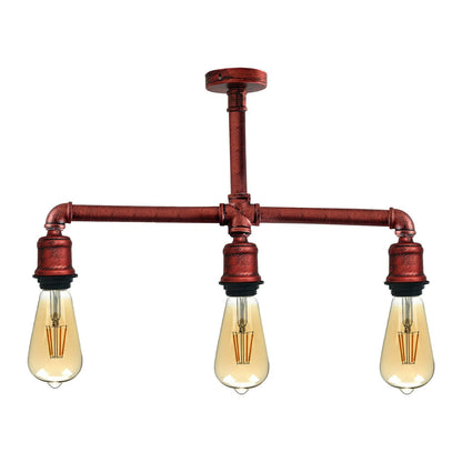 3-Light Industrial Pipe Ceiling Light – Shades or Cages, E27 - Rustic Red, No Shade, ST64 Bulb