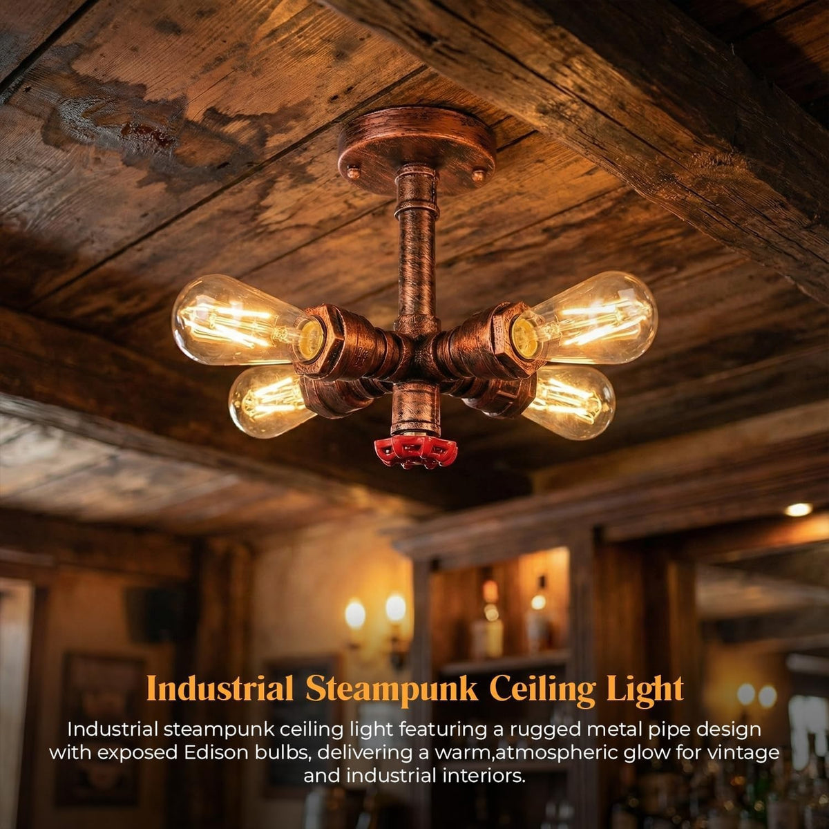 Industrial Pipe Ceiling Light – 4 Lights, Red Valve, 2 Finishes - photo 8