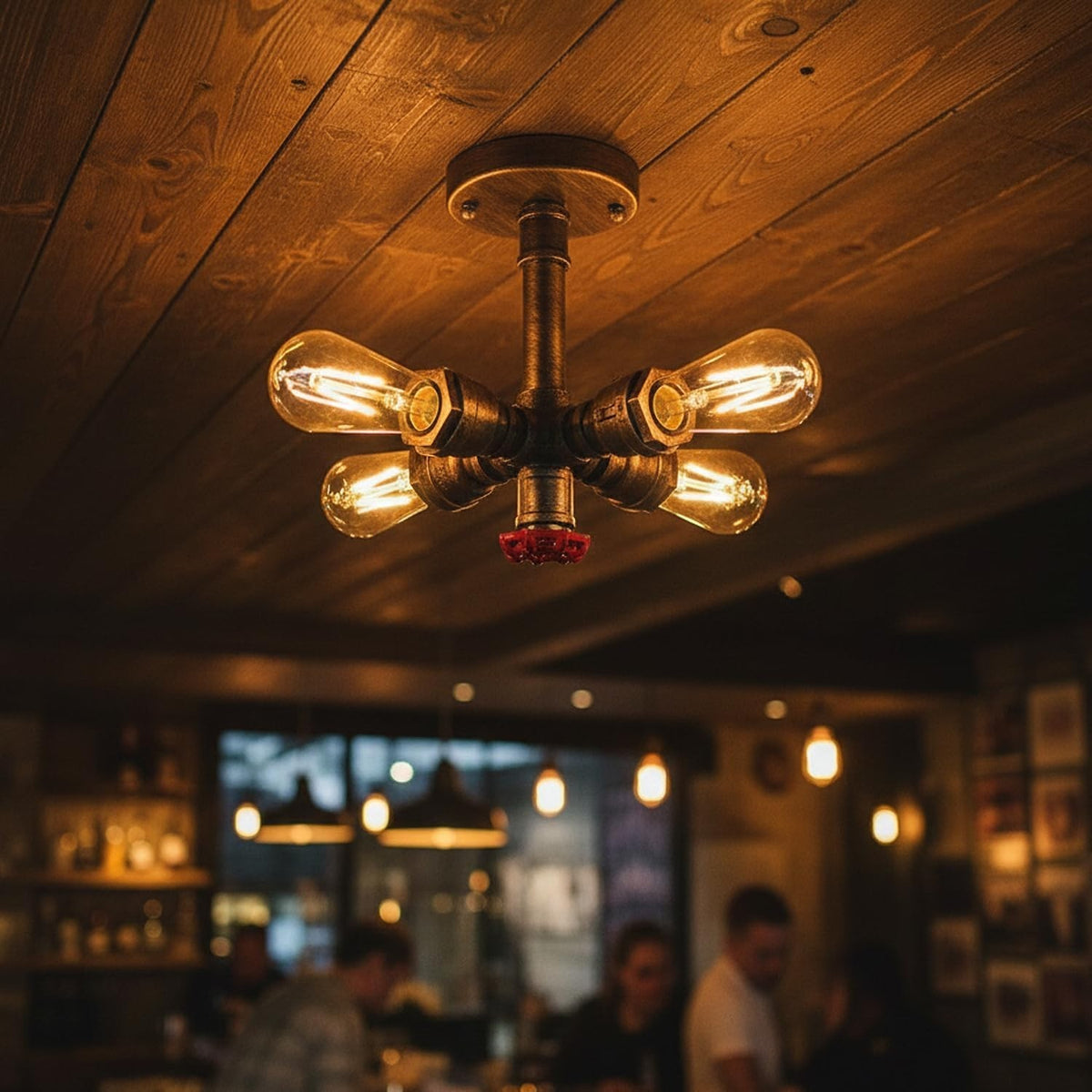 Industrial Pipe Ceiling Light – 4 Lights, Red Valve, 2 Finishes