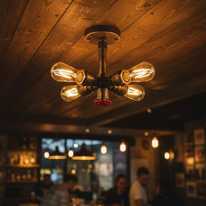 Industrial Pipe Ceiling Light – 4 Lights, Red Valve, 2 Finishes