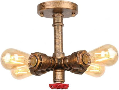 Industrial Pipe Ceiling Light – 4 Lights, Red Valve, 2 Finishes - Brushed Copper, No Shade, 4 x ST64 Bulbs