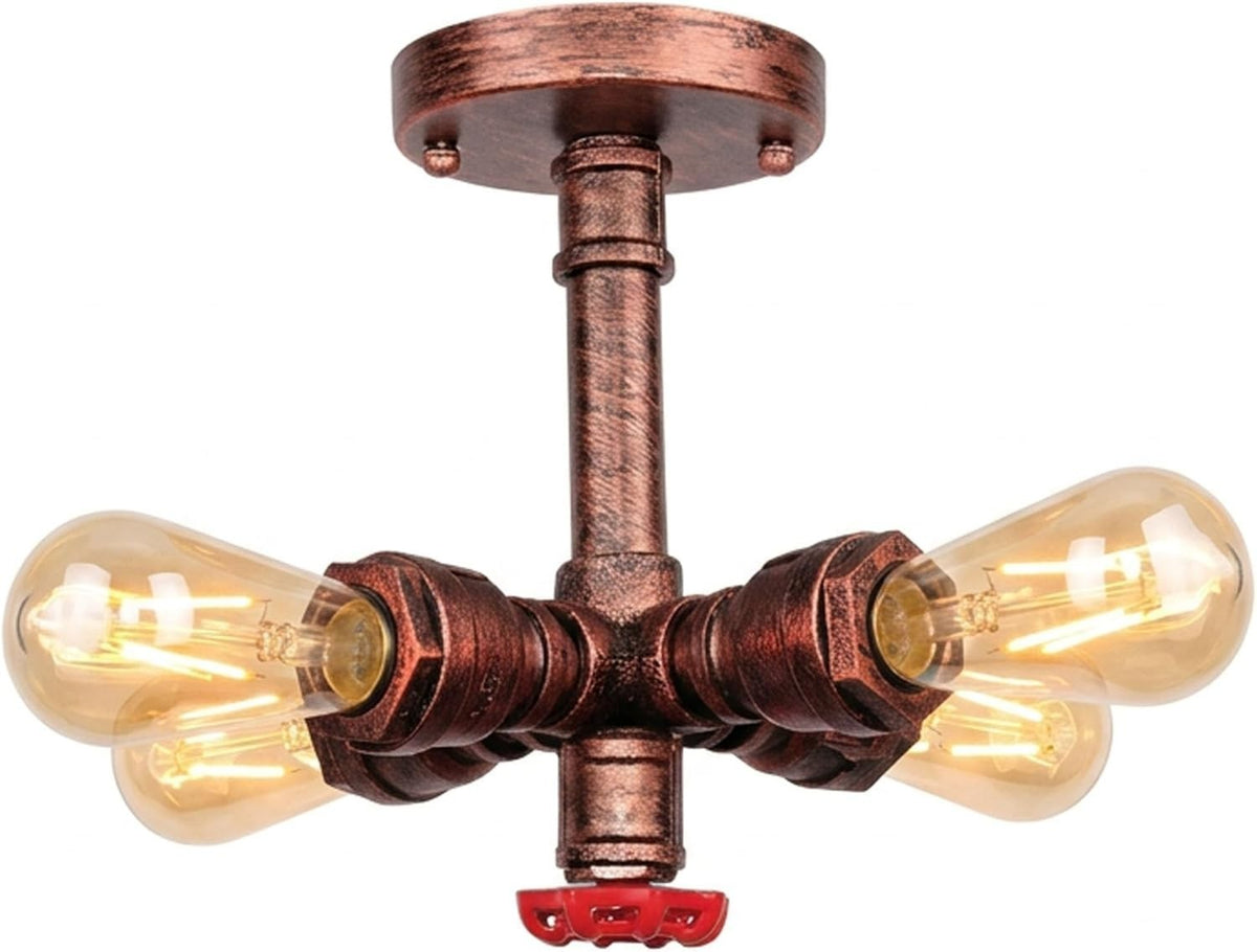 Industrial Pipe Ceiling Light – 4 Lights, Red Valve, 2 Finishes - Rustic Red, No Shade, 4 x ST64 Bulbs