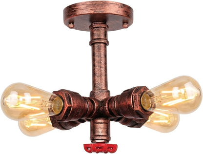 Industrial Pipe Ceiling Light – 4 Lights, Red Valve, 2 Finishes - Rustic Red, No Shade, 4 x ST64 Bulbs