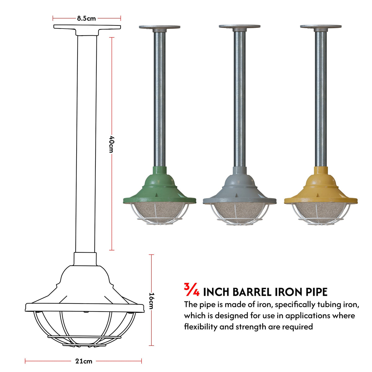 Conduit Pipe Pendant Light with Lantern Cage – Galvanised, E27 - photo 3