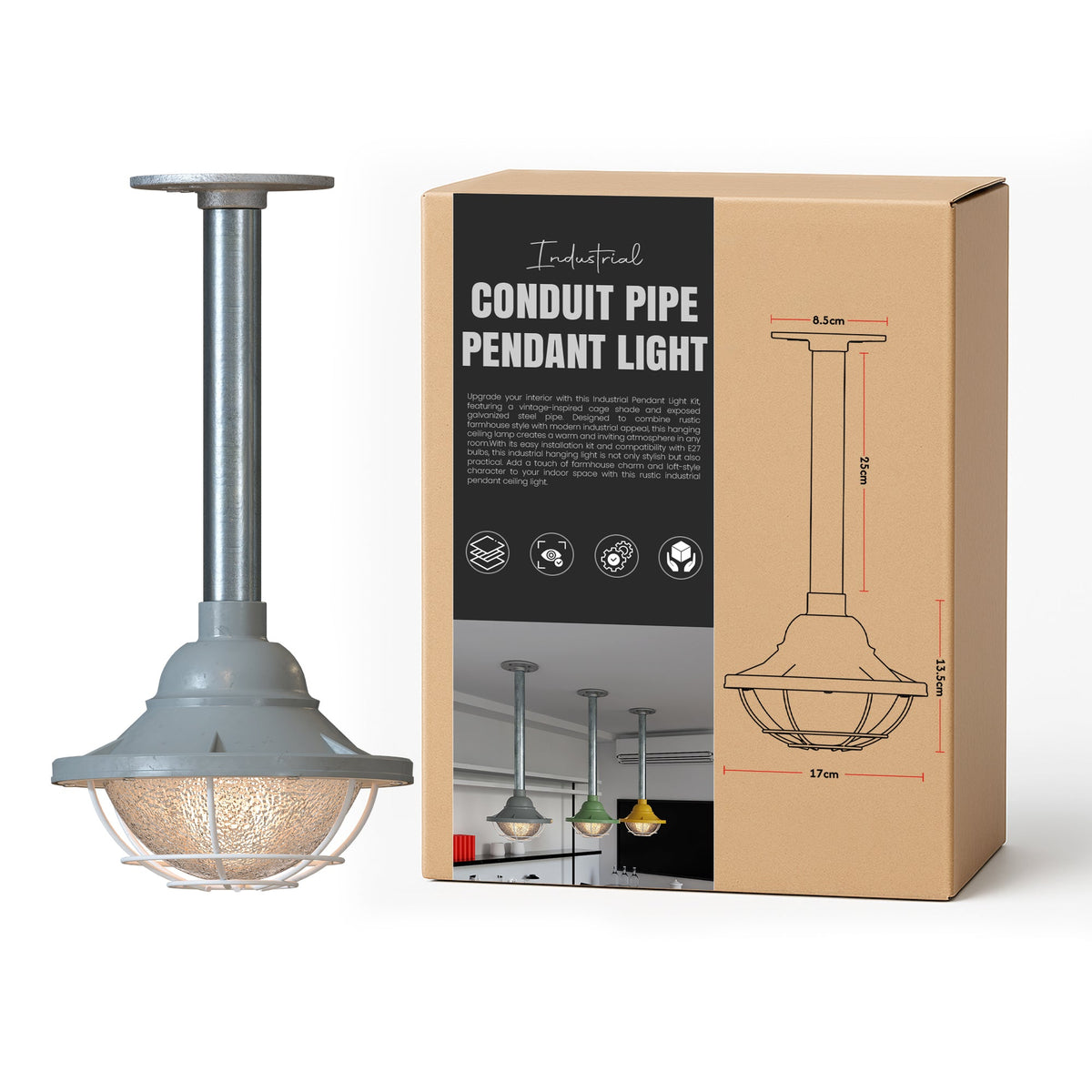 Conduit Pipe Pendant Light with Lantern Cage – Galvanised, E27 - Standard, Lantern Cage 17 cm Grey, 25 cm Pipe, Without Bulb