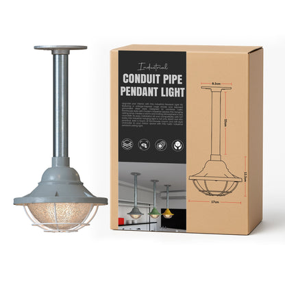 Conduit Pipe Pendant Light with Lantern Cage – Galvanised, E27 - Standard, Lantern Cage 17 cm Grey, 25 cm Pipe, Without Bulb