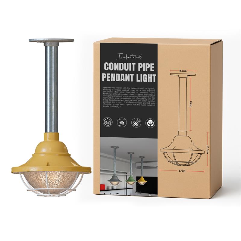 Conduit Pipe Pendant Light with Lantern Cage – Galvanised, E27 - Standard, Lantern Cage 17 cm Yellow, 25 cm Pipe, Without Bulb