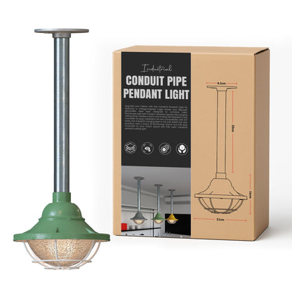 Conduit Pipe Pendant Light with Lantern Cage – Galvanised, E27 - Standard, Lantern Cage 21 cm Green, 30 cm Pipe, Without Bulb