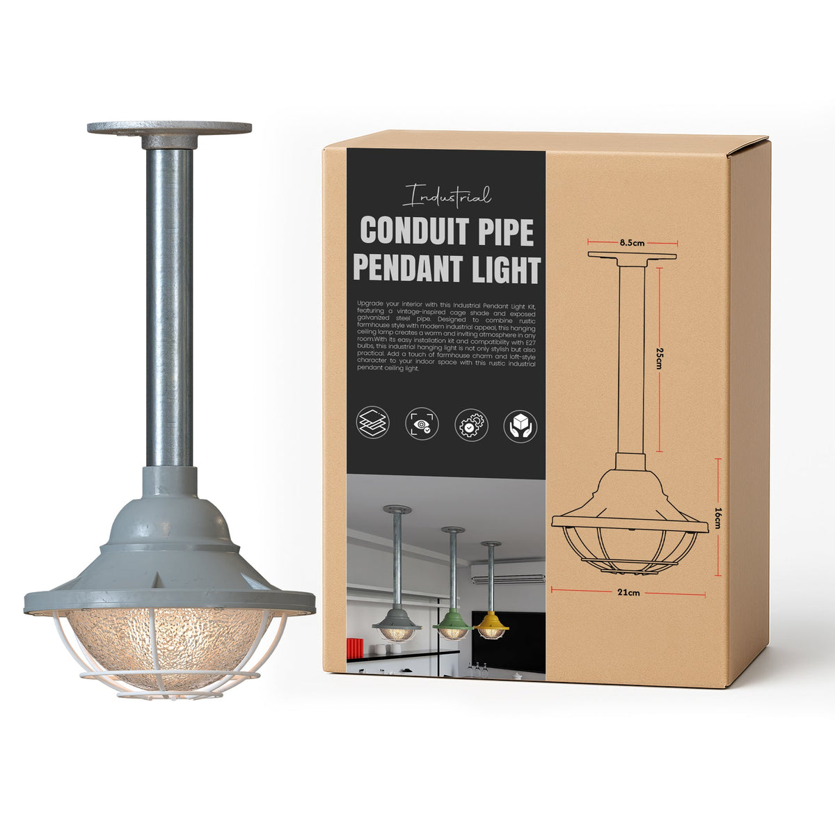 Conduit Pipe Pendant Light with Lantern Cage – Galvanised, E27 - Standard, Lantern Cage 21 cm Grey, 25 cm Pipe, Without Bulb