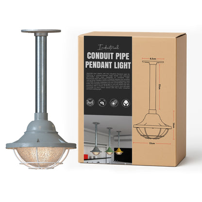 Conduit Pipe Pendant Light with Lantern Cage – Galvanised, E27 - Standard, Lantern Cage 21 cm Grey, 25 cm Pipe, Without Bulb