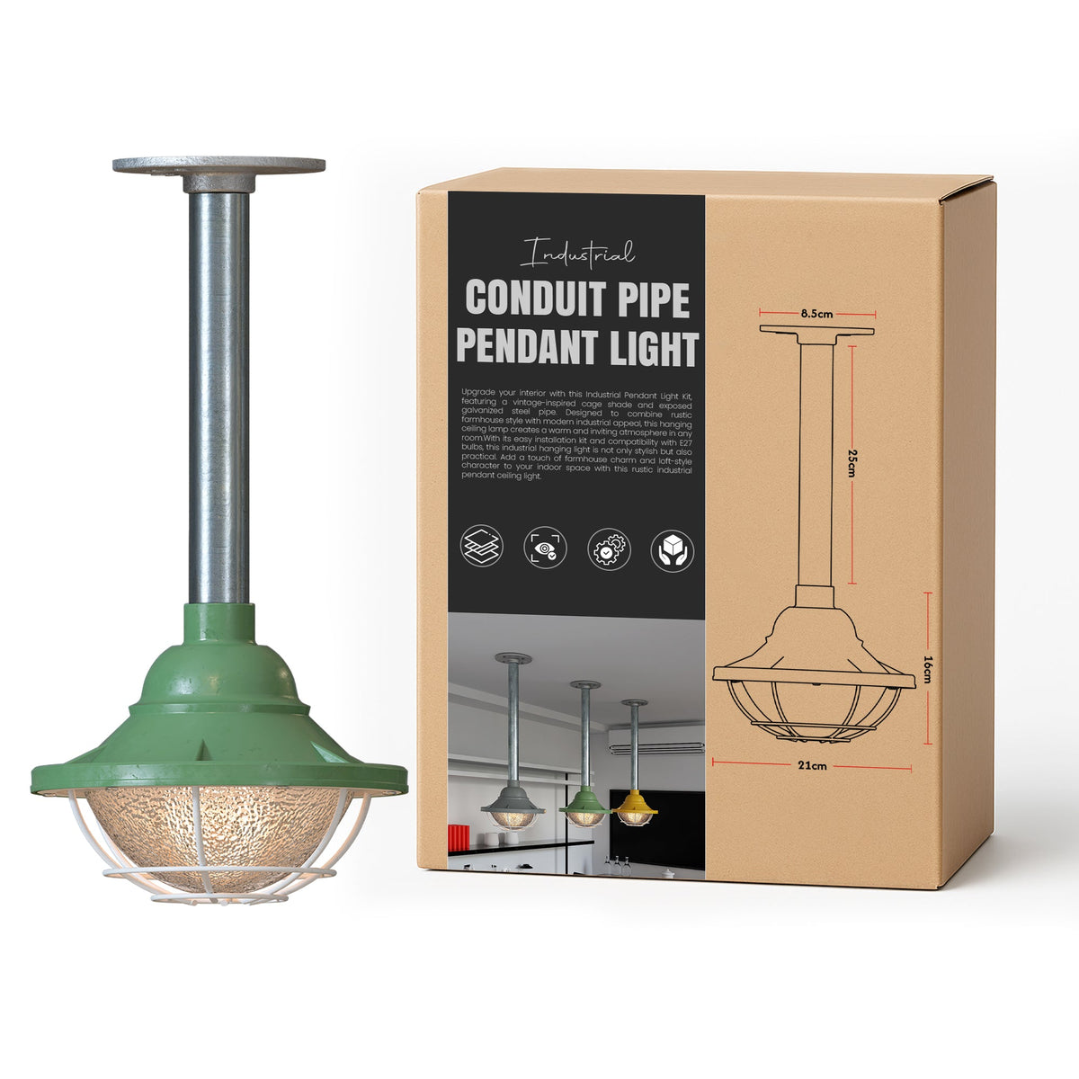 Conduit Pipe Pendant Light with Lantern Cage – Galvanised, E27 - Standard, Lantern Cage 21 cm Green, 25 cm Pipe, Without Bulb