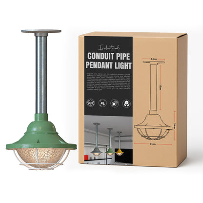 Conduit Pipe Pendant Light with Lantern Cage – Galvanised, E27 - Standard, Lantern Cage 21 cm Green, 25 cm Pipe, Without Bulb
