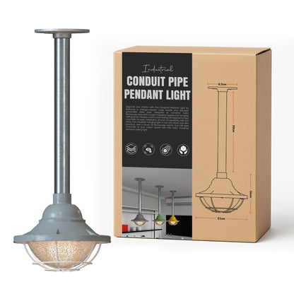 Conduit Pipe Pendant Light with Lantern Cage – Galvanised, E27 - Standard, Lantern Cage 21 cm Grey, 30 cm Pipe, Without Bulb