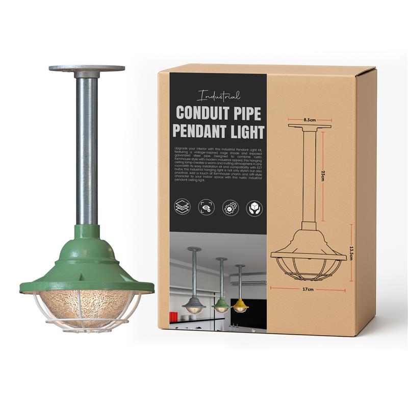 Conduit Pipe Pendant Light with Lantern Cage – Galvanised, E27 - Standard, Lantern Cage 17 cm Green, 25 cm Pipe, Without Bulb